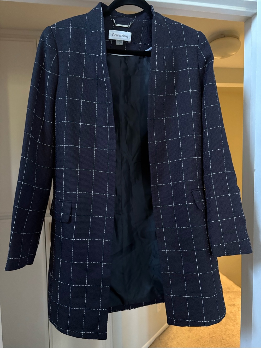 NWOT Calvin Klein Navy Windowpane Open Blazer Coat